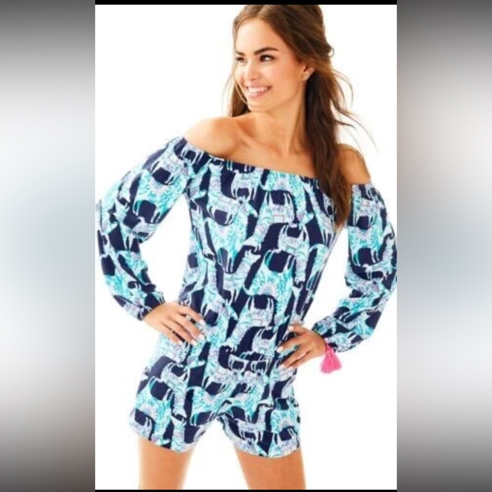 Lilly Pulitzer Lana Romper Size XS Alpaca My Bags Off Shoulder Navy Blue